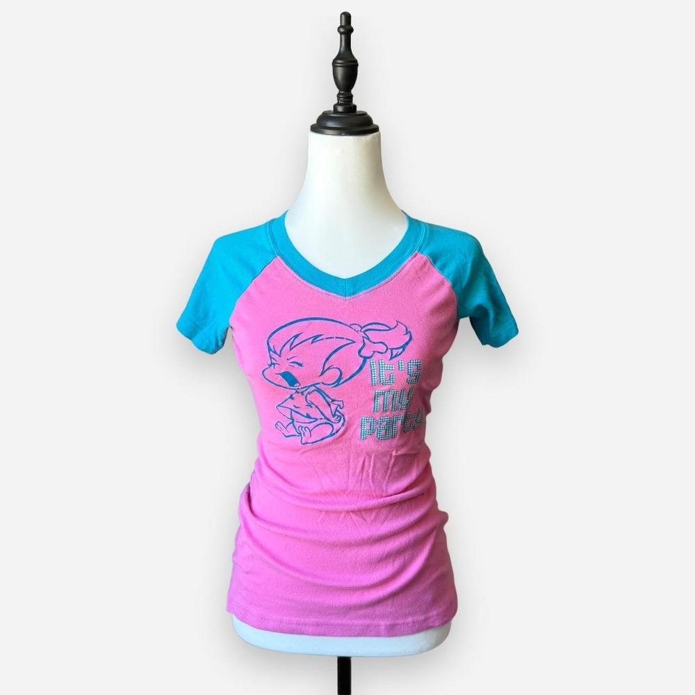 Vintage Hanna-Barbera Pebbles Flintstone Y2K Raglan T-Shirt Small Pink Blue 2005